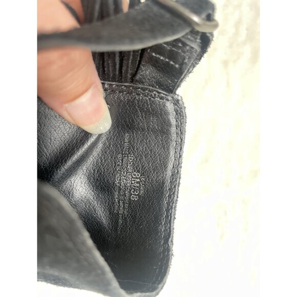 PREOWNED LUCKY BRAND Black Suede Leather Fringe Open Toed Booties Block Heel sz8 - Picture 11 of 11